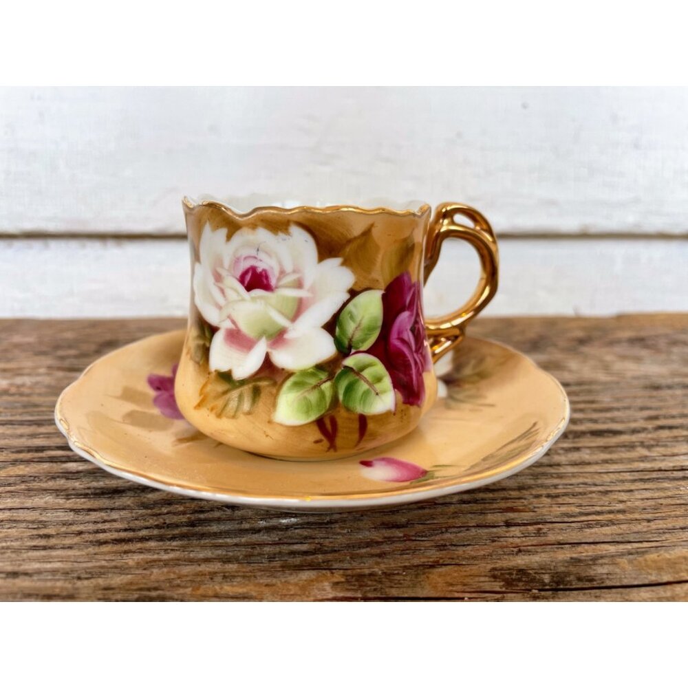 Vintage Lefton Heritage Rose Hand Painted brown Demitasse Cup Saucer